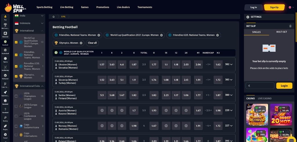 HellSpin football filters for women's international competitions and World Cup qualification odds