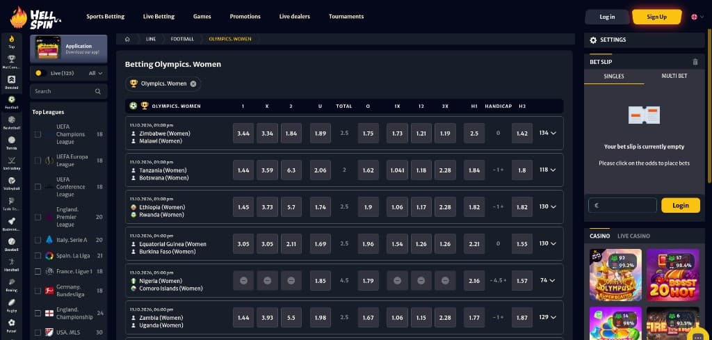 HellSpin Olympics Women betting odds for African qualifying fixtures