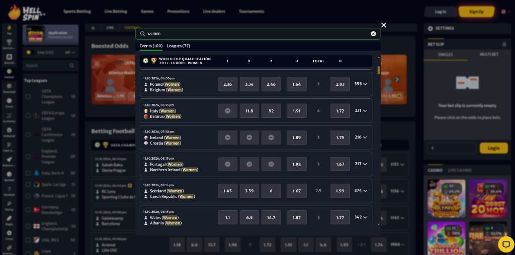 HellSpin search for women showing Events and Leagues tabs