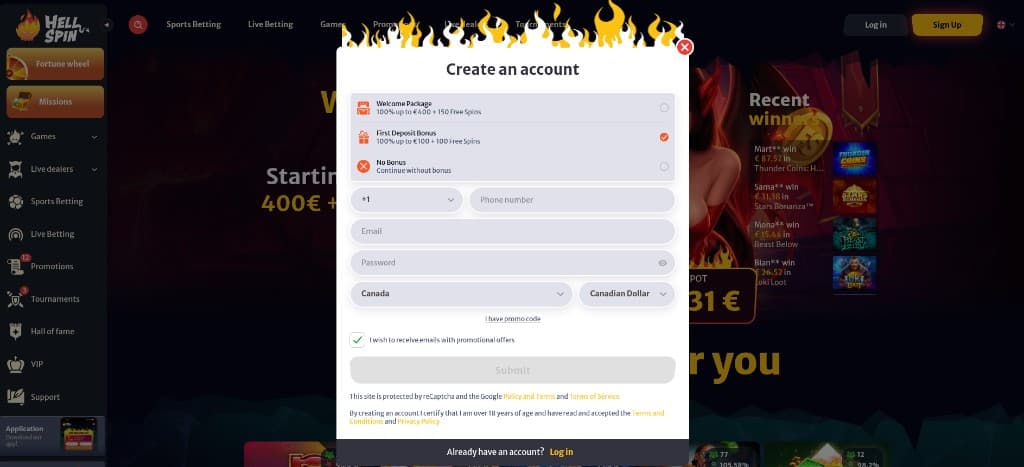 HellSpin registration form with Welcome Package and First Deposit Bonus options