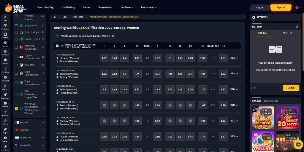 HellSpin World Cup Qualification 2027 Europe Women match list and odds
