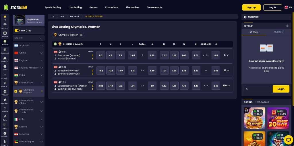 SlotsGem live betting odds for women's Olympic football fixtures