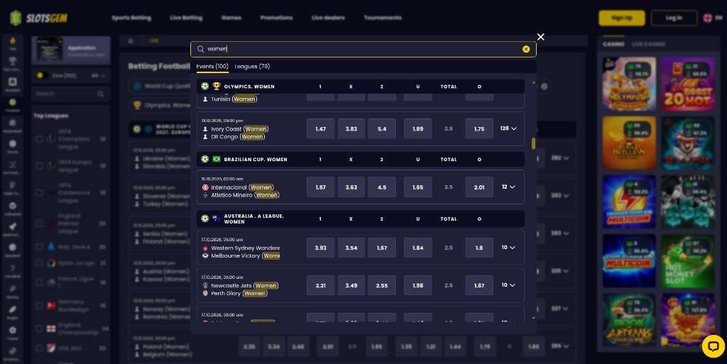 SlotsGem search for women showing Events and Leagues, including Brazilian Cup and A-League Women