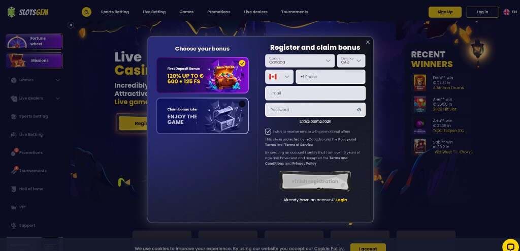 SlotsGem registration form with a 120% first deposit bonus up to €600 and 125 free spins