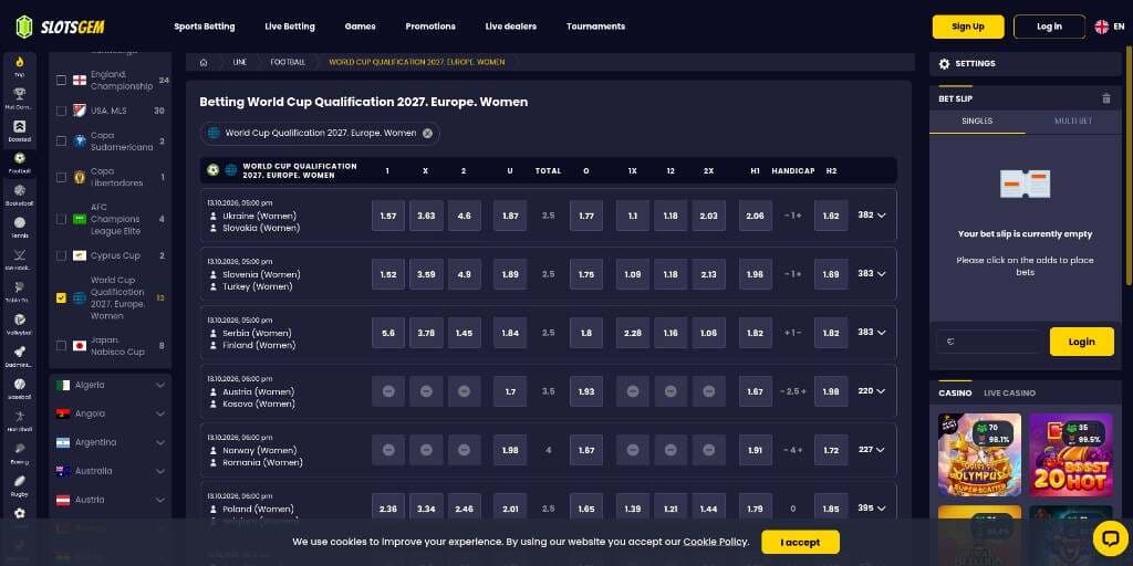 SlotsGem World Cup Qualification 2027 Europe Women match list and odds