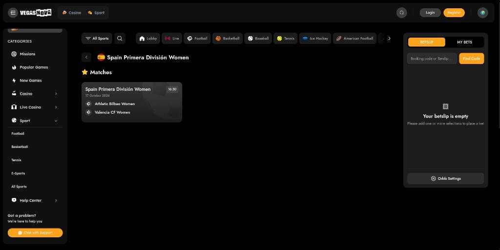 VegasNova Spain Primera División Women listing for Athletic Bilbao Women vs Valencia CF Women