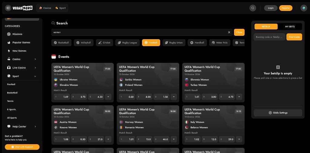 VegasNova search for women with Football selected and UEFA Women's World Cup Qualification match cards