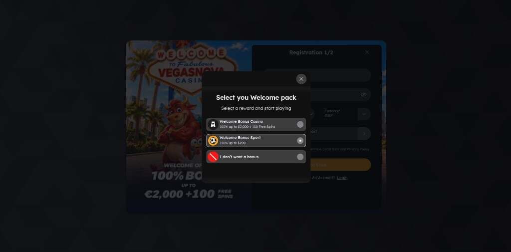 VegasNova registration welcome pack with Welcome Bonus Sport selected at 150% up to $200